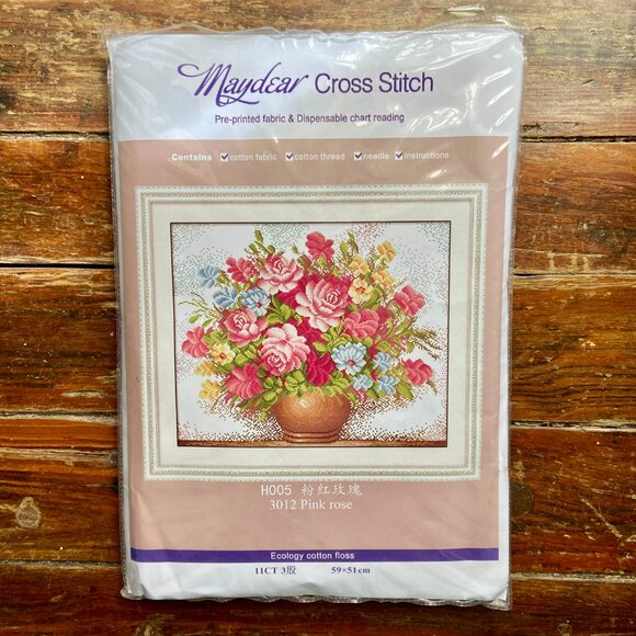 Maydear Cross Stitch Pre-Printed Stamped Kit H005 Pink Rose Floral Bouquet NEW - Picture 2 of 3